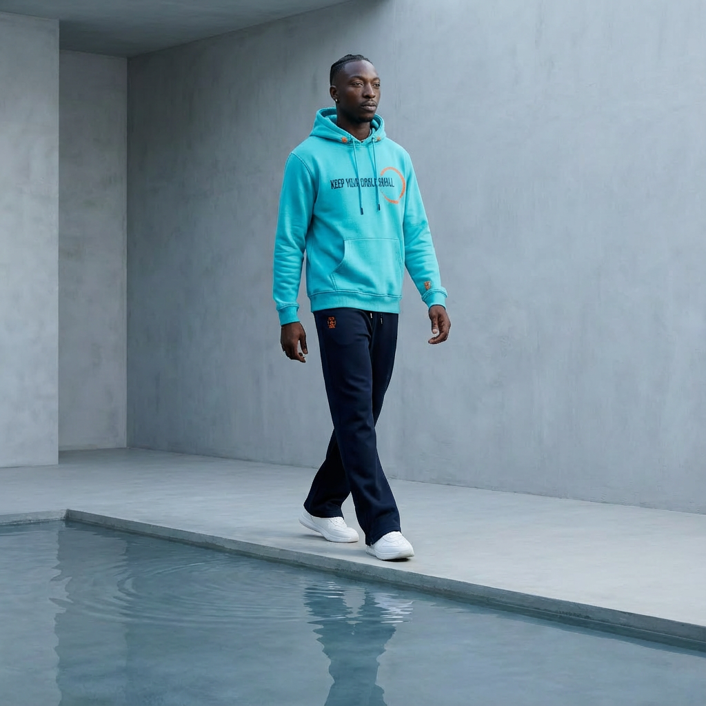 A man walking along the edge of a water feature in a modern, minimalistic concrete space, wearing a bright blue hoodie, navy sweatpants, and white sneakers.