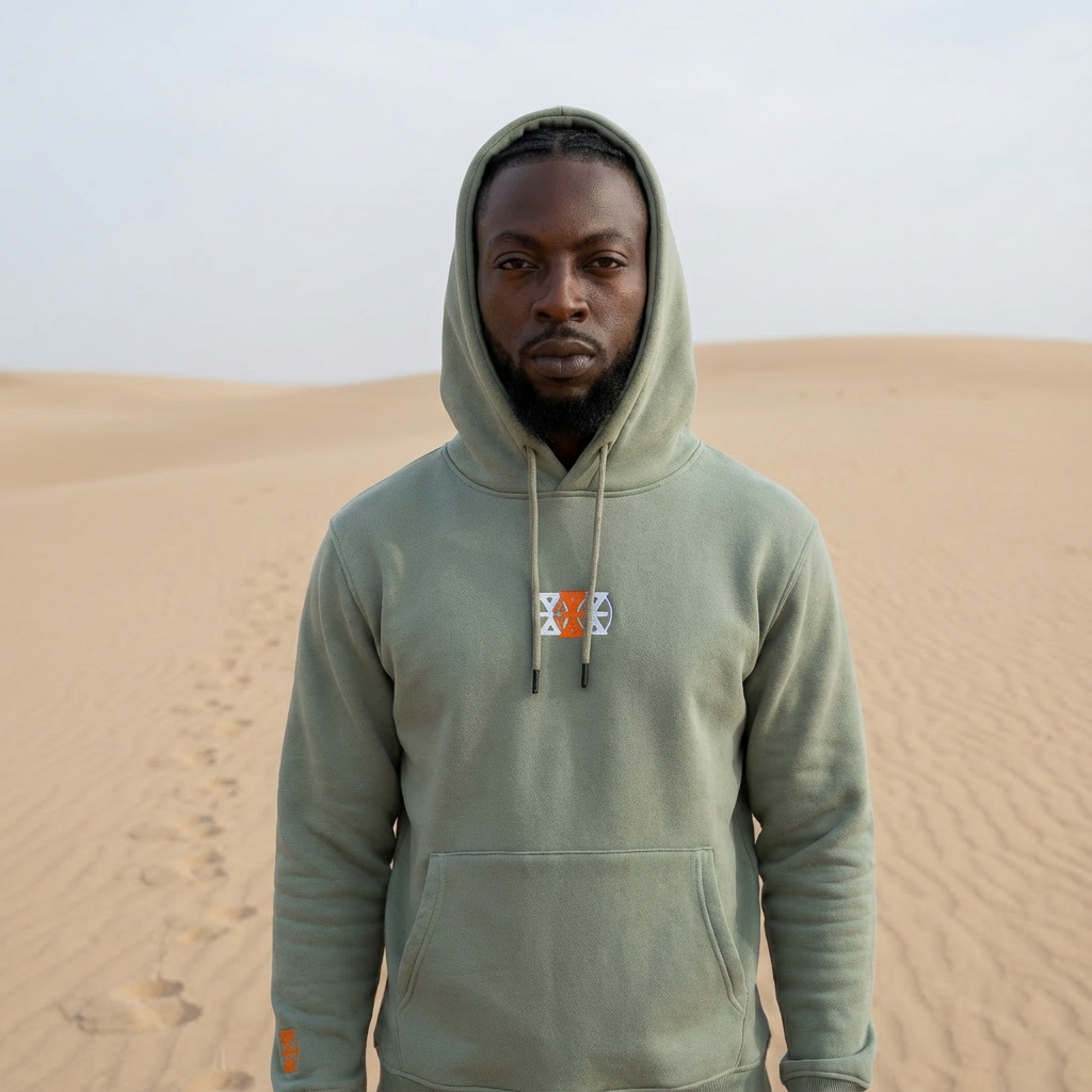 A man standing in a desert with sand dunes in the background, wearing a green hoodie with the hood up.
