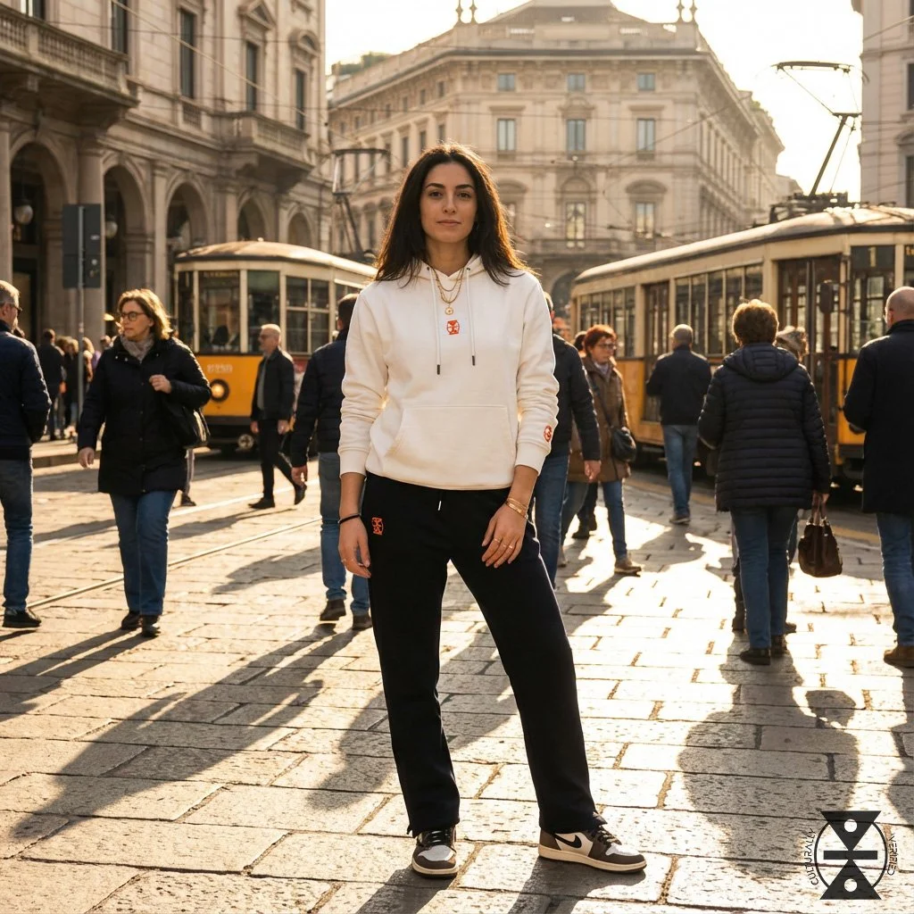 A young woman standing in the middle of a busy city street with trams and historic buildings, wearing a white hoodie, black pants, and sneakers, illuminated by warm sunlight.