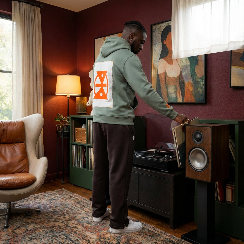 A man in a green hoodie and black pants is standing next to a record player, lifting a vinyl record out of a vintage wooden speaker cabinet in a cozy living room with dark red walls, artwork, and a large window with curtains.