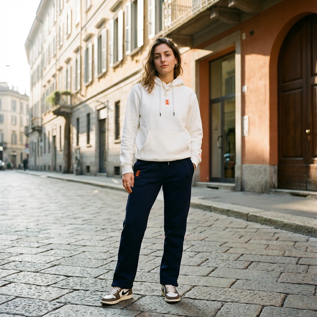 A young woman standing on a cobblestone street in an urban setting during daytime, wearing a white hoodie, navy sweatpants, and sneakers, with houses and buildings in the background.
