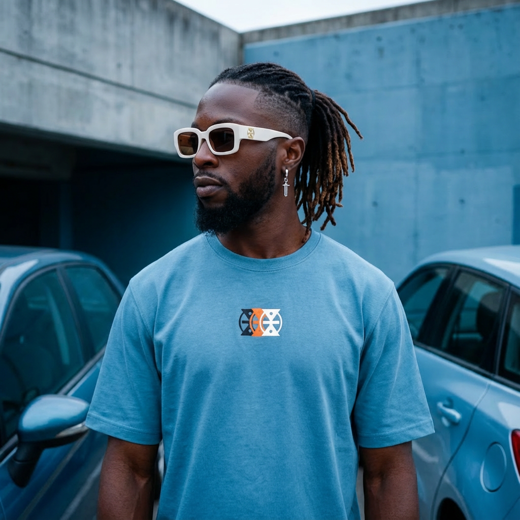 A man with dreadlocks wearing a blue T-shirt, white sunglasses, and earrings, standing outdoors near parked cars and a blue building.
