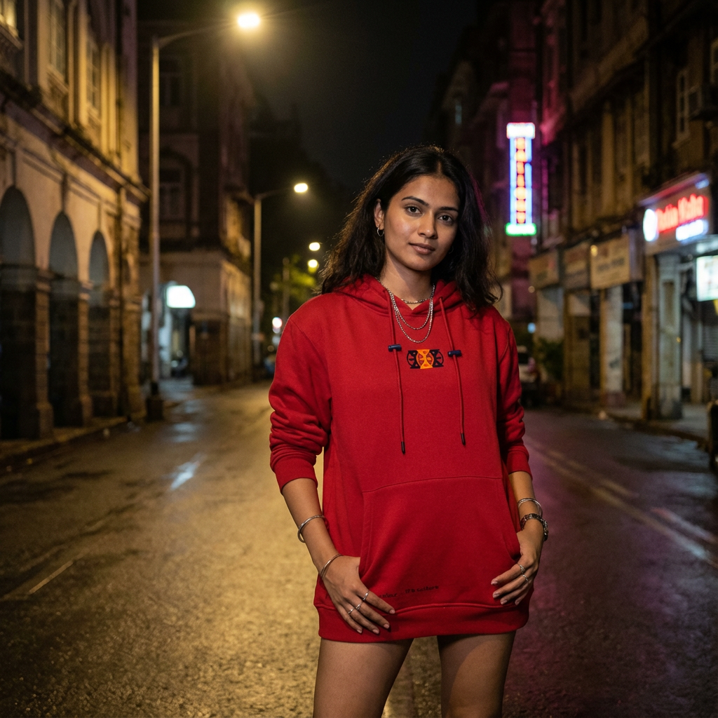 Young woman standing on an empty city street at night, wearing a red hoodie and smiling slightly.