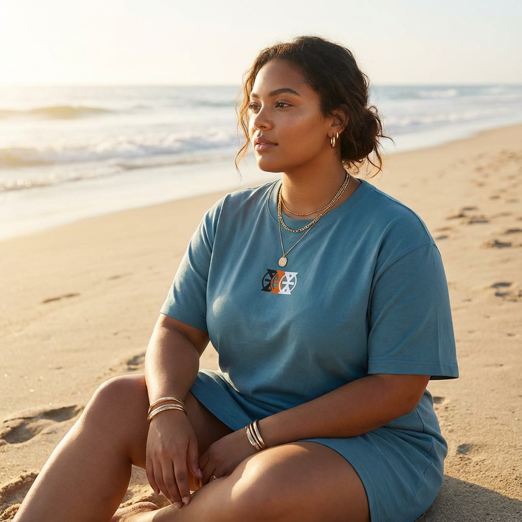 Woman sitting on the beach wearing a blue t-shirt and jewelry, with the ocean and sky in the background.