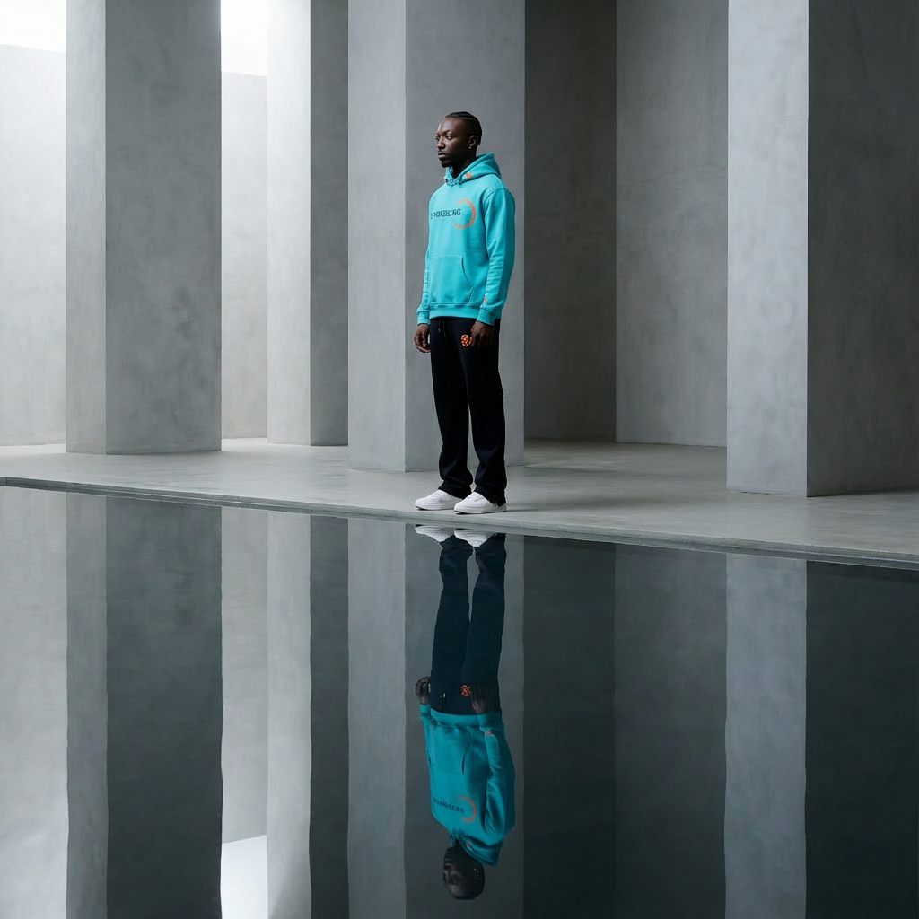A man standing next to a reflective pool in a modern, minimalistic concrete space, wearing a bright blue hoodie, black pants, and white sneakers.