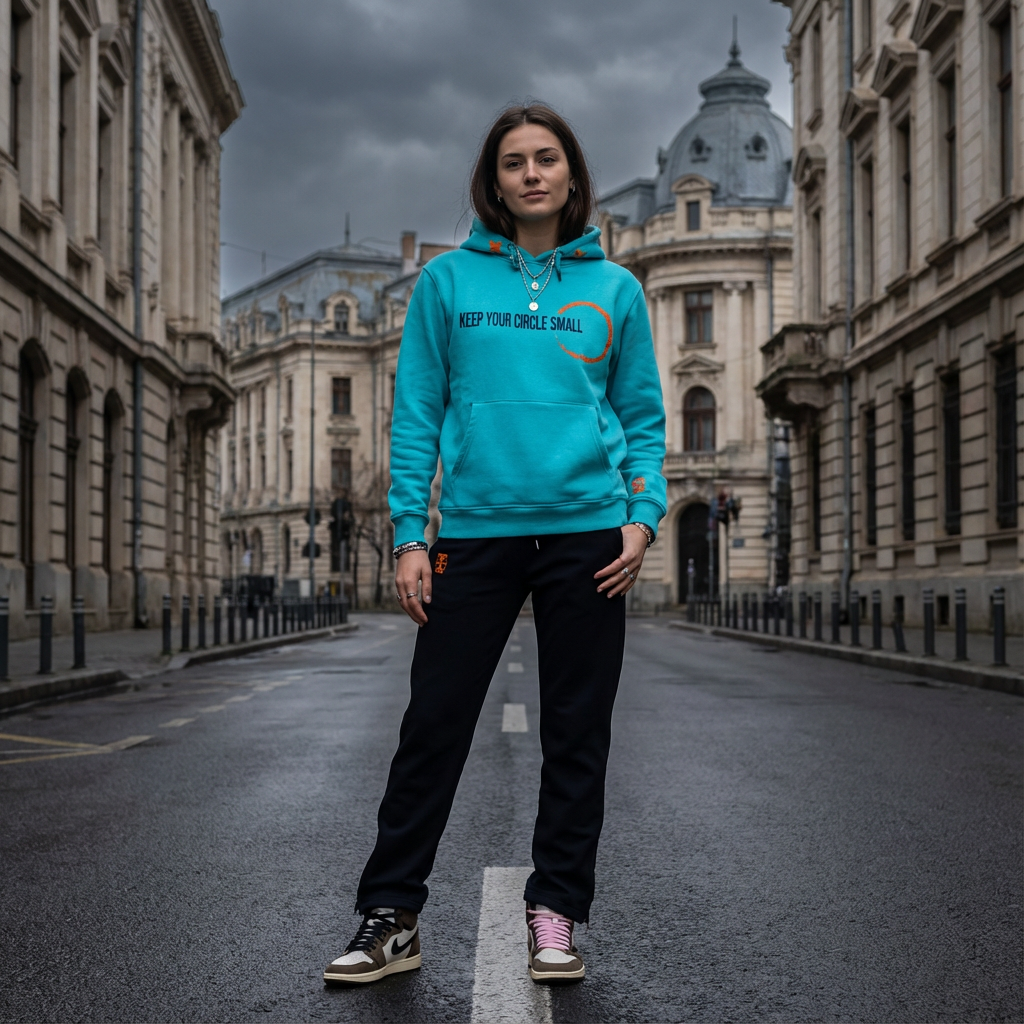 A young woman standing in the middle of a city street with historic buildings on either side, wearing a bright blue hoodie, black pants, and sneakers, with dark clouds overhead.