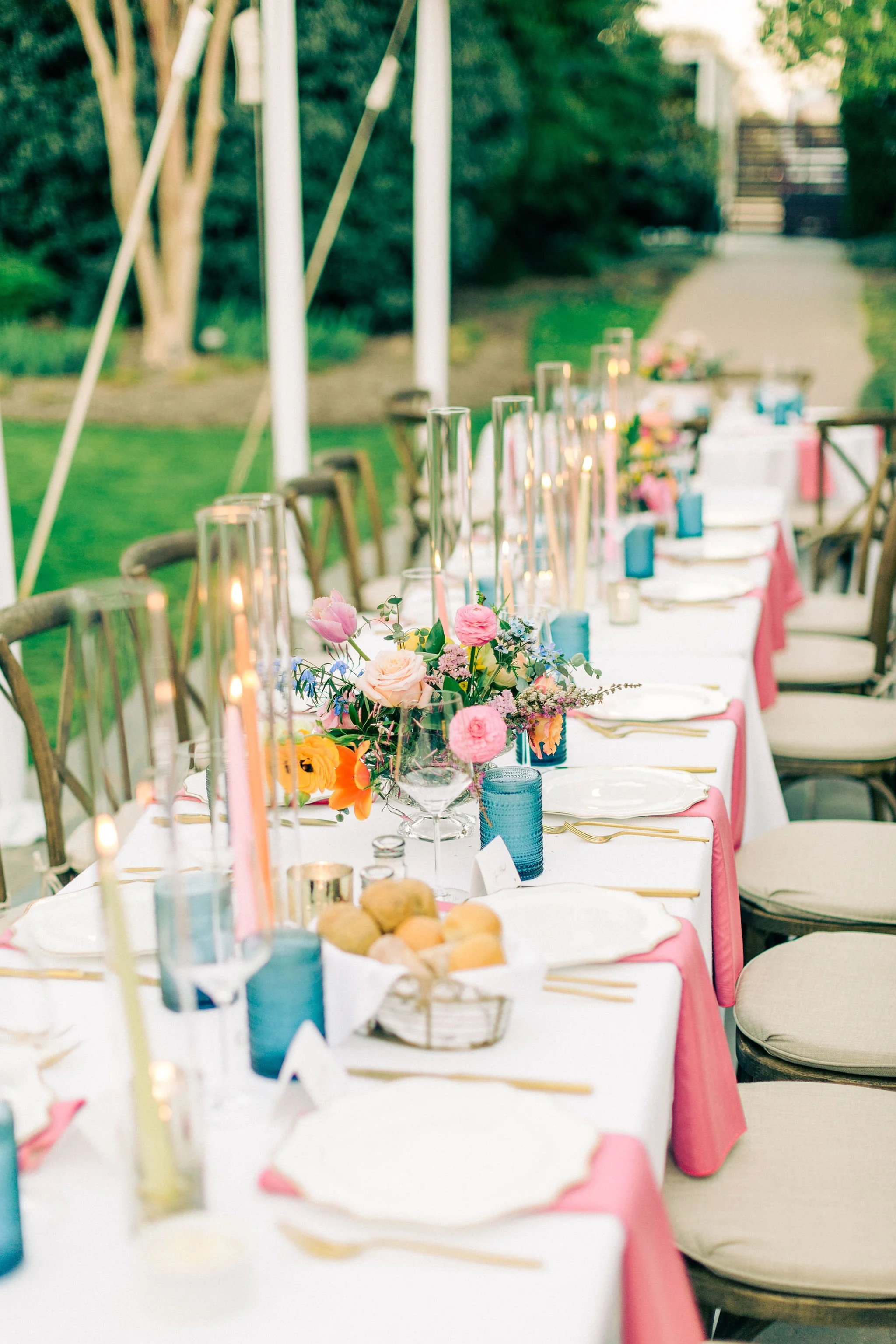 long banquet tables april flowers taper candles Duke Gardens Faw wedding.JPG