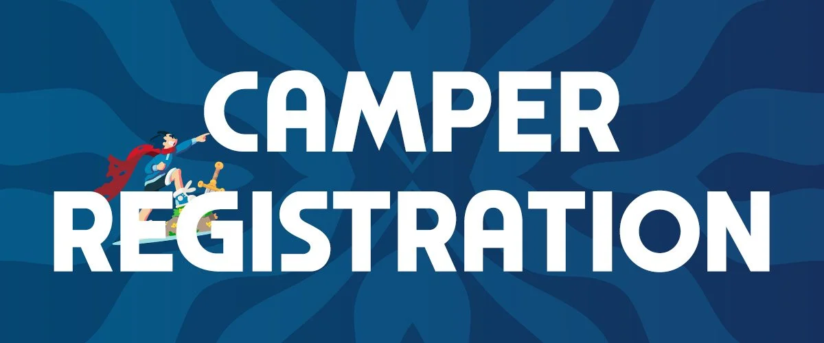 Illustration of a camper in front of a blue background with the text 'CAMPER REGISTRATION' in white capital letters.