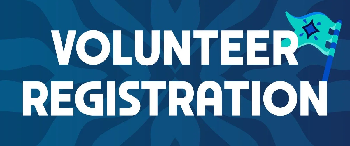 A digital graphic with the text 'Volunteer Registration' and a small flag featuring a star in the top right corner, set against a blue patterned background.