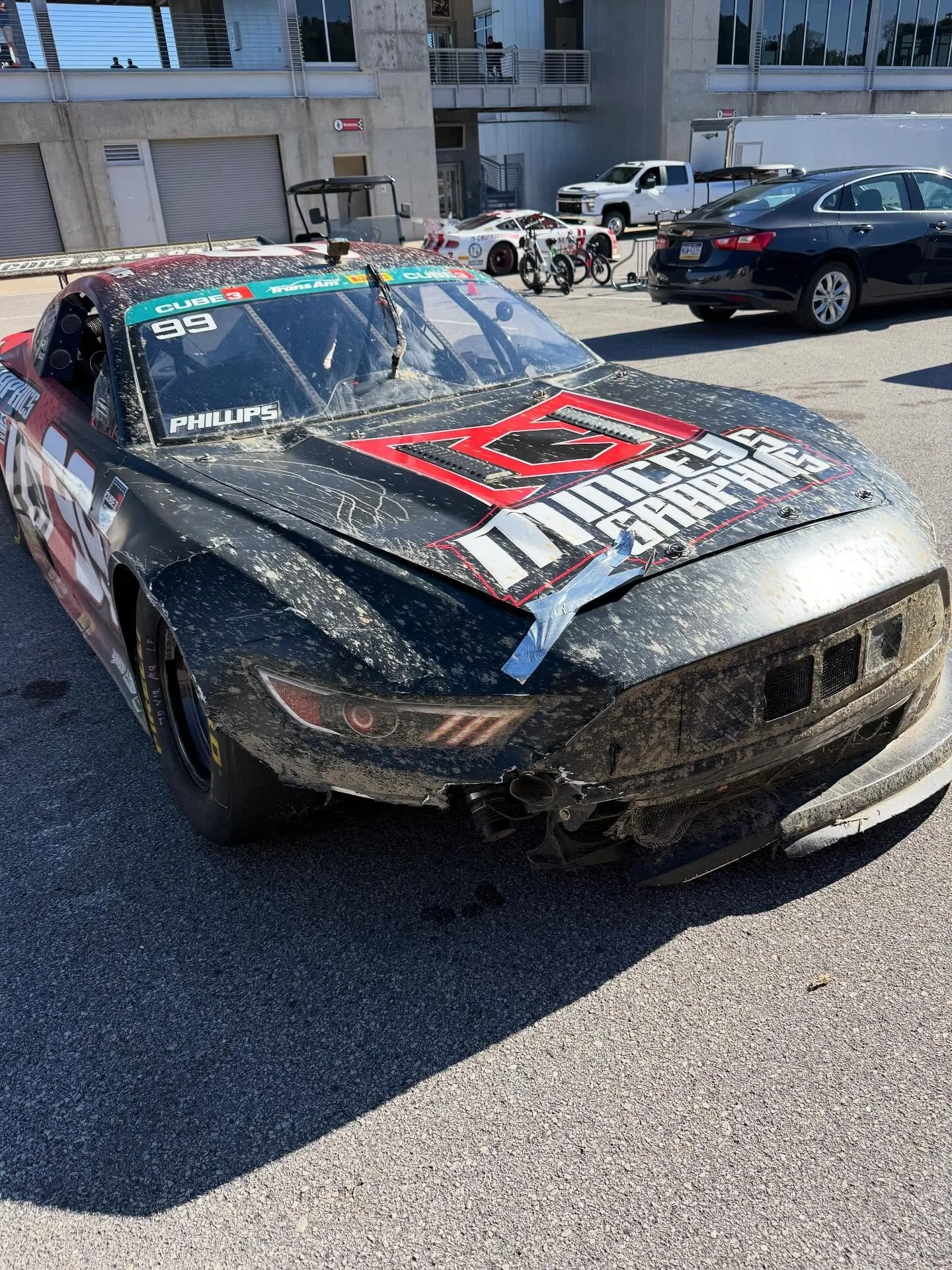 Not how you want your car to look after the race.  Unfortunately got caught up in a turn one lap one incident and ripped the front splitter off.  We went down 6 laps cutting it off and getting the car ok to go back out.  The race went green all 42 la