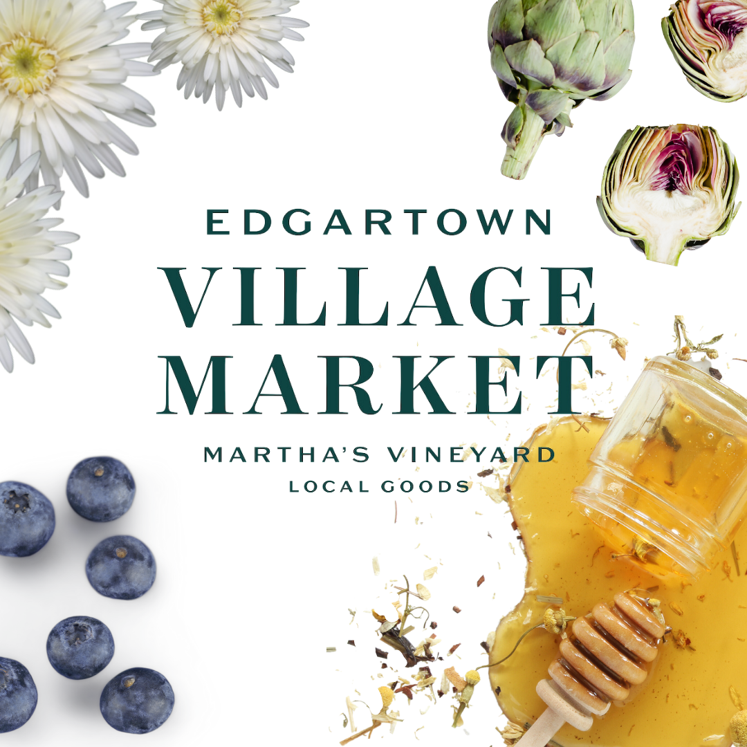 Edgartown Village Market promotional flyer for an event on Tuesday, June 18th from 10 AM to 2 PM, featuring flowers and logos for Edgartown Board of Trade and Vineyard Preservation Trust.