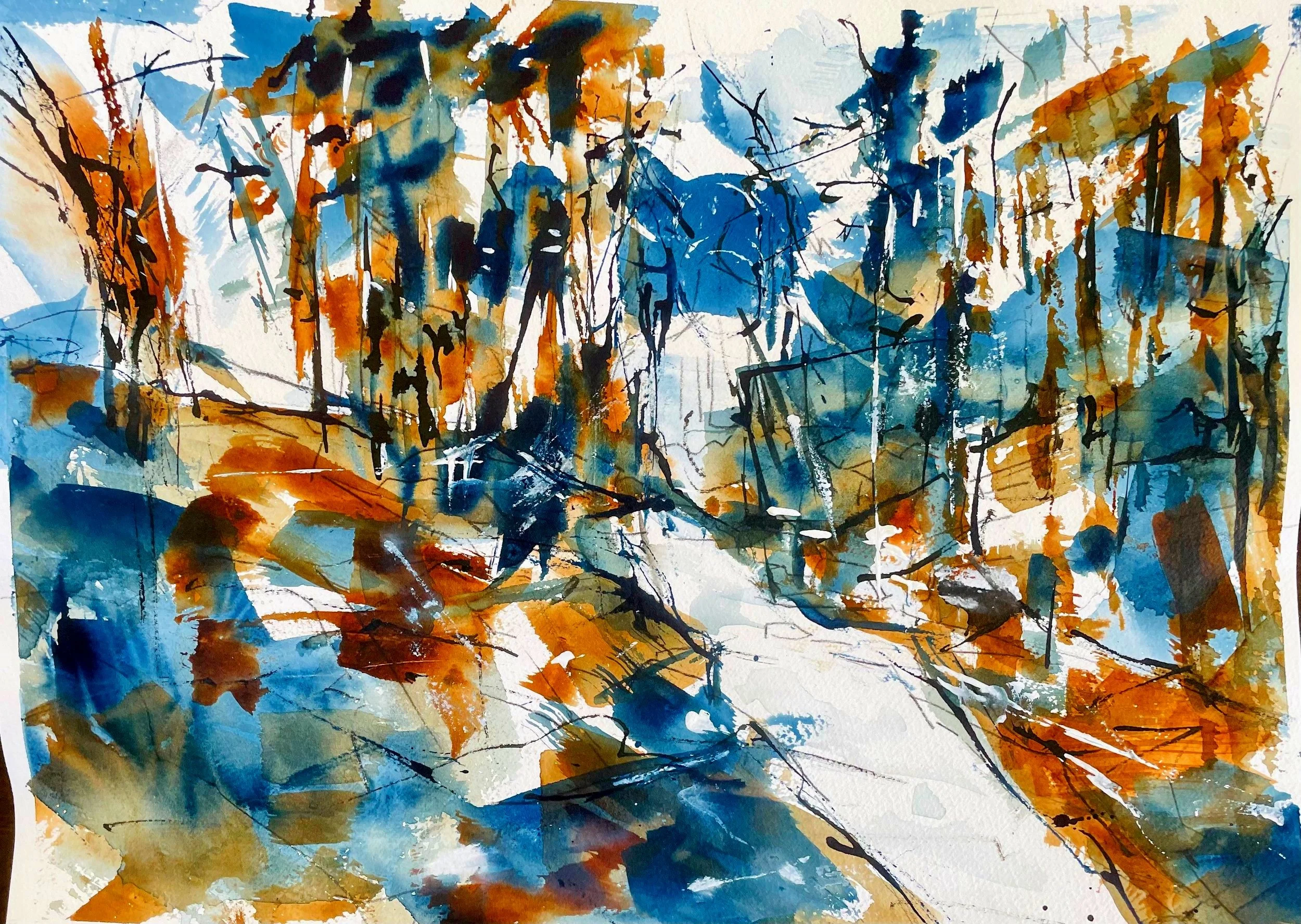 This is a watercolor and acrylic ink semi-abstract landscape. It is 20" by 24". 
Unframed 
200.00
Framed 
300.00
https://kablade.art