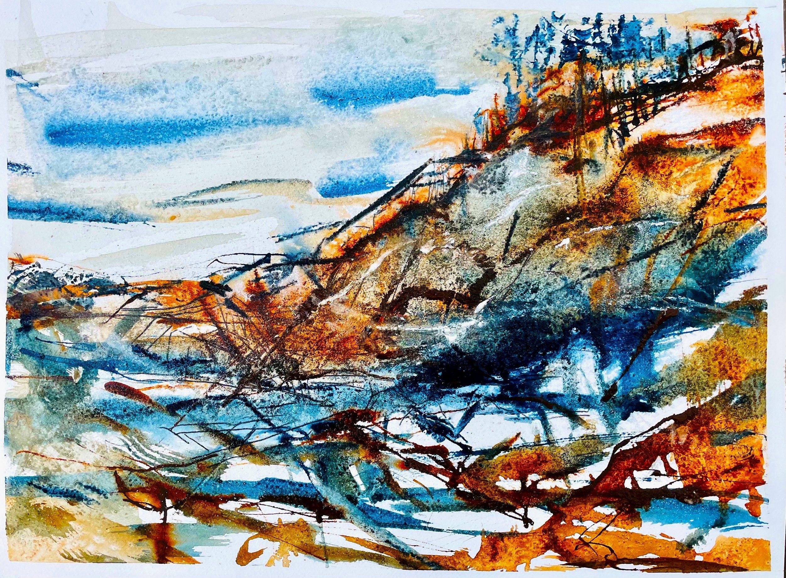 This is a landscape painting created with watercolor and acrylic inks. 20"X 20".
Unframed 200.00
Framed      300.00