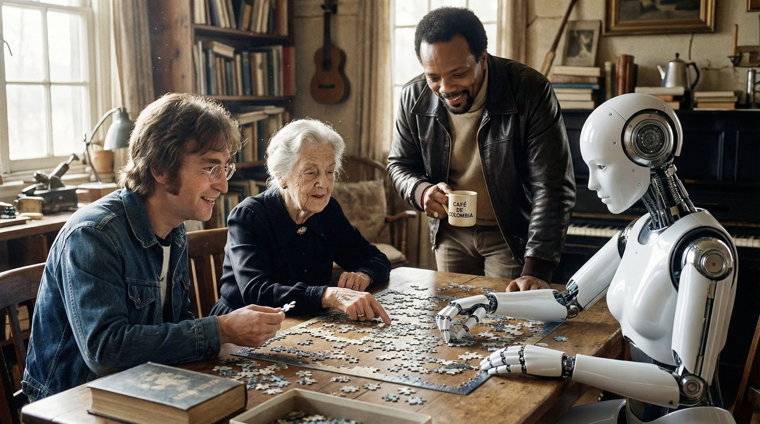 Quatro indivíduos, incluindo um robô humanoide, estão sentados em uma mesa de madeira em uma sala cheia de livros e instrumentos musicais, colaborando na montagem de um grande quebra-cabeça. Um deles segura uma caneca onde se lê "CAFÉ DE COLOMBIA".