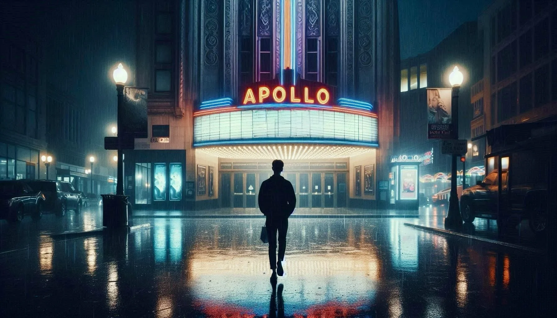 Imagem mostra homem saindo em silêncio de um cinema de rua. É noite, está chovendo e as luzes e o neon da fachada refletem no asfalto. Clima noir e nostálgico.