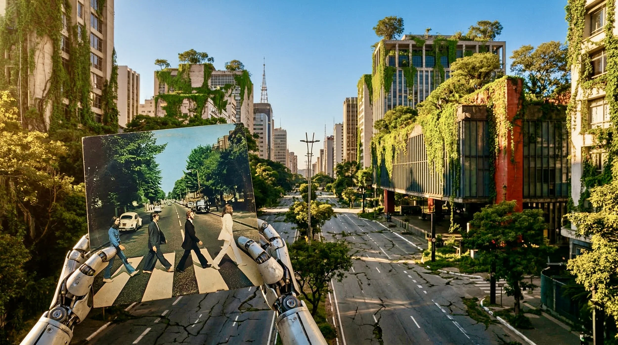Imagem mostra um robô humanóide segurando um disco de vinil (Abbey Road, dos Beatles). Ao fundo, se vê a Avenida Paulista deserta, abandonada, com a floresta tomando a rua e as fachadas dos prédios. O que teria acontecido?