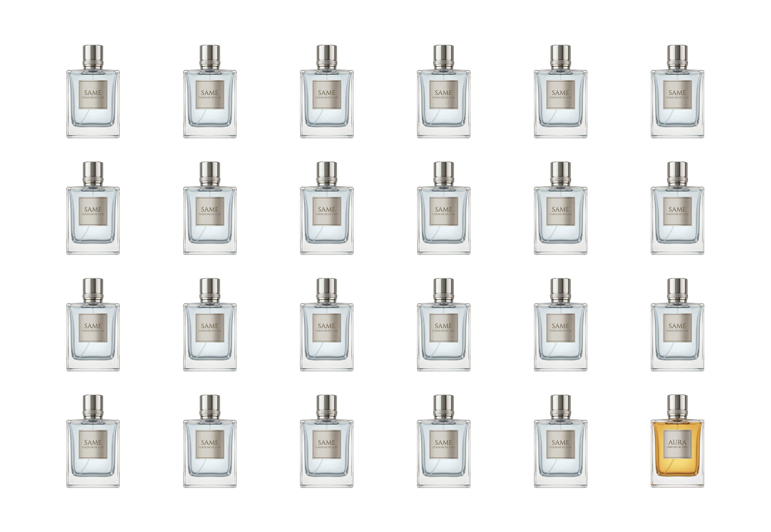 Grade de perfumes em frascos azuis com um único frasco âmbar no canto inferior direito