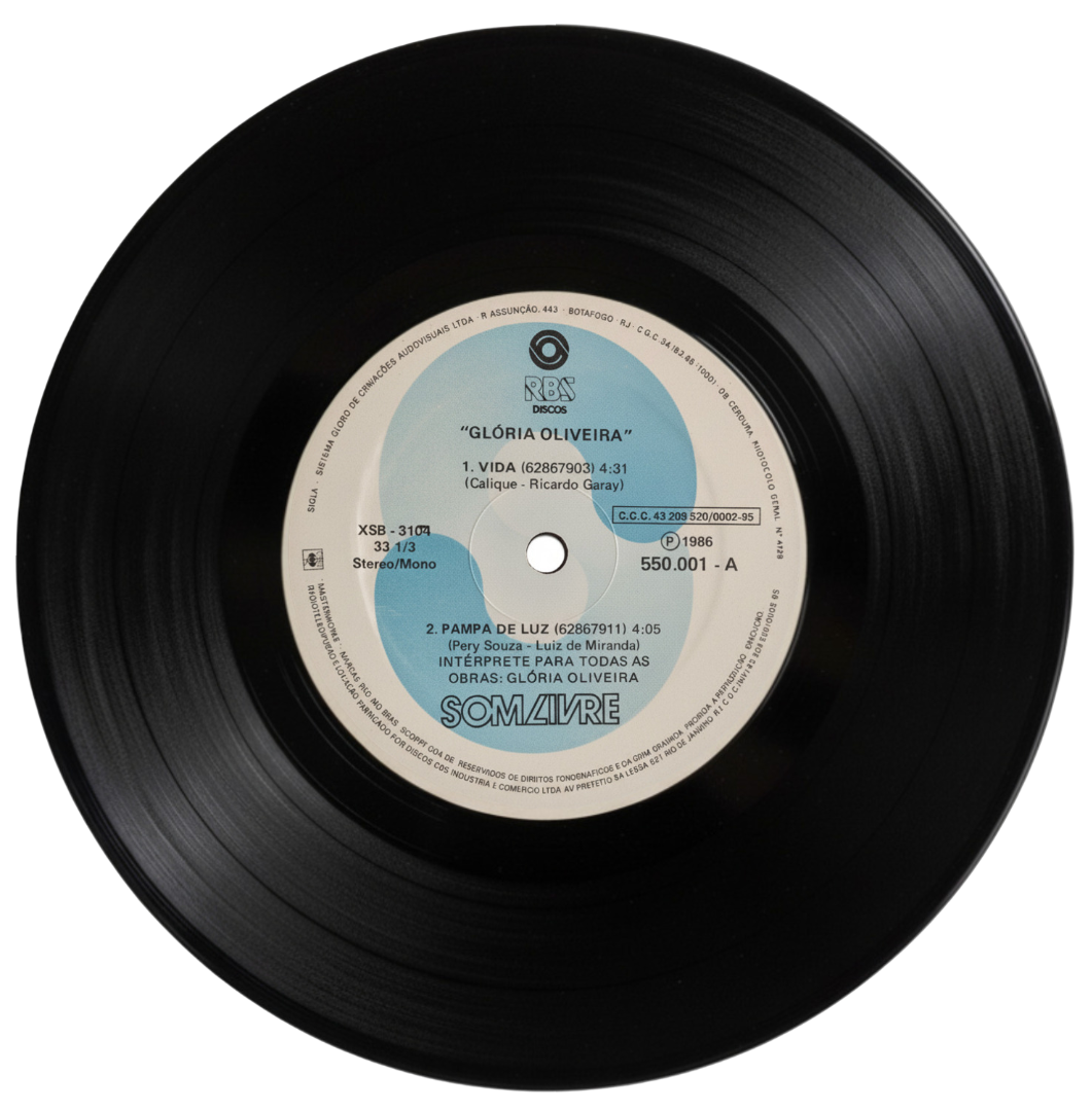 Disco de vinil com etiqueta azul e branca, da cantora Gloria Oliveira, incluindo as faixas "Vida" e "Pampa de Luz".
