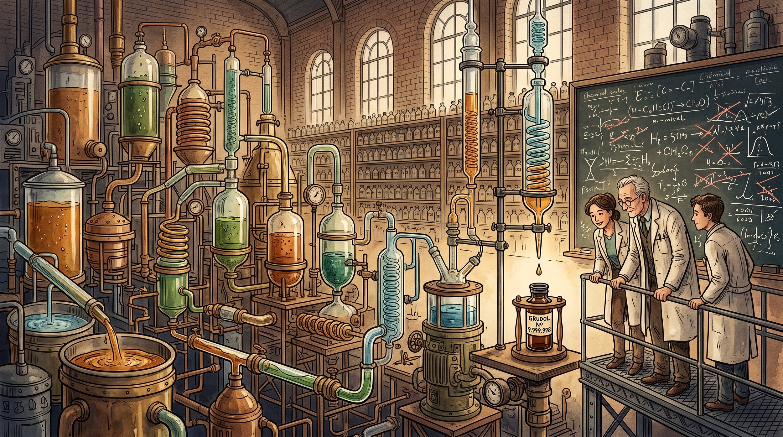 Cartum de um laboratório-fábrica retrô-futurista com tubos de vidro e alambiques destilando gota a gota a fórmula da música que gruda, rotulada "Grudol", enquanto cientistas observam esperançosos