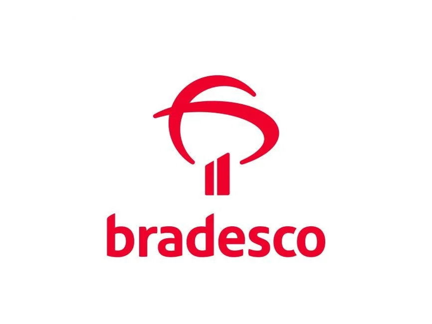 Logotipo da Bradesco, banco brasileiro, em cores vermelha e branca.