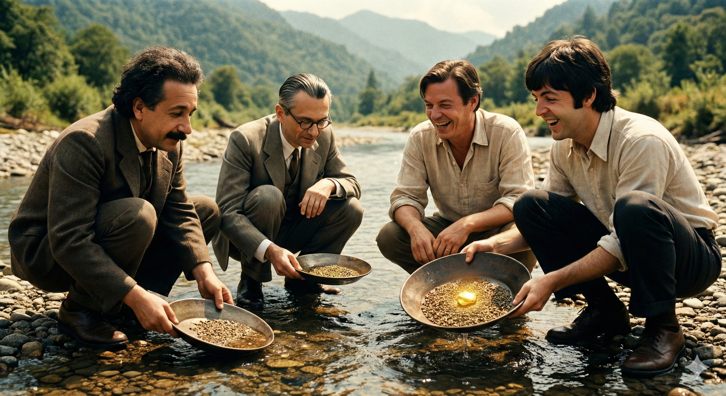 A imagem mostra Kurt Gödel, Einstein, Tom Jobim e Paul McCartney em um riacho nas montanhas, garimpando. Paul acaba de encontrar uma enorme pepita de ouro.