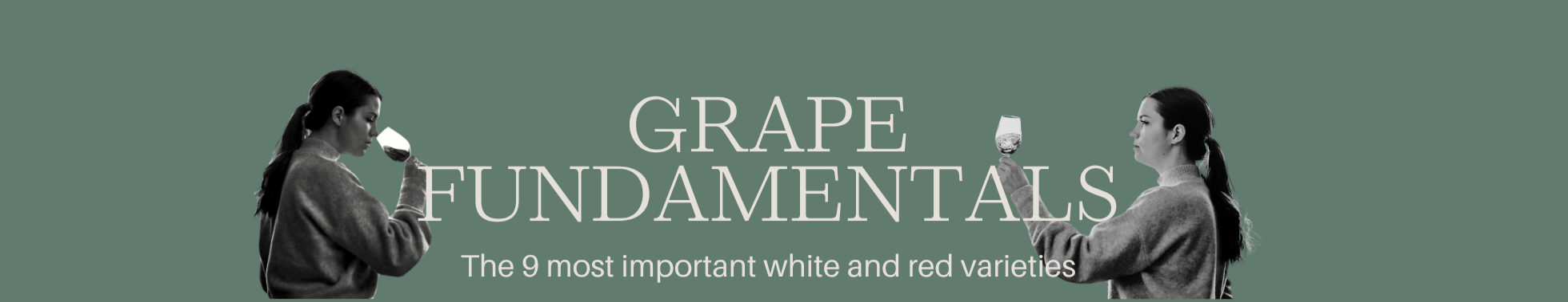 Two women each holding a glass of white wine, with text in between that reads "Grape Fundamentals: The 9 most important white and red varieties."