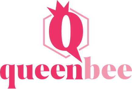 Pink and black logo of the QueenBee queen bee brand, featuring a stylized letter Q with a crown on top, inside a hexagon, and the word "queenbee" below in pink lowercase letters.