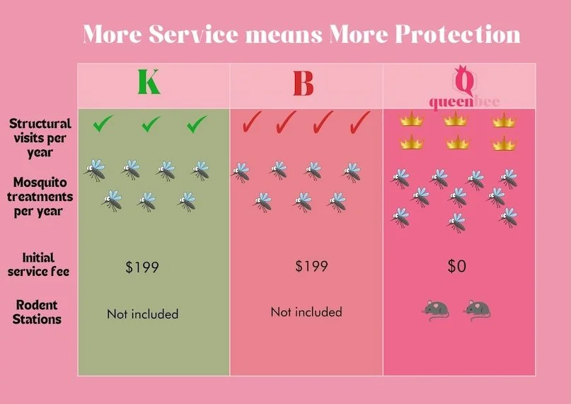 chart showing comparisons of pricing and services between Queen Bee Pest Control and competitiors