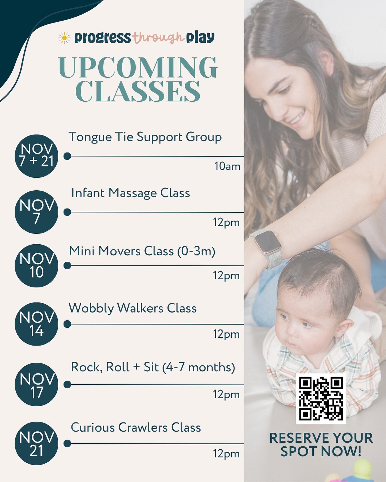 Lots of offerings at our South Denver clinic this month! If you want a sign up link just let me know in the comments. And don&rsquo;t miss our core strengthening class for moms and babies at @ownyourpelvichealth on 11/11 💪🏼