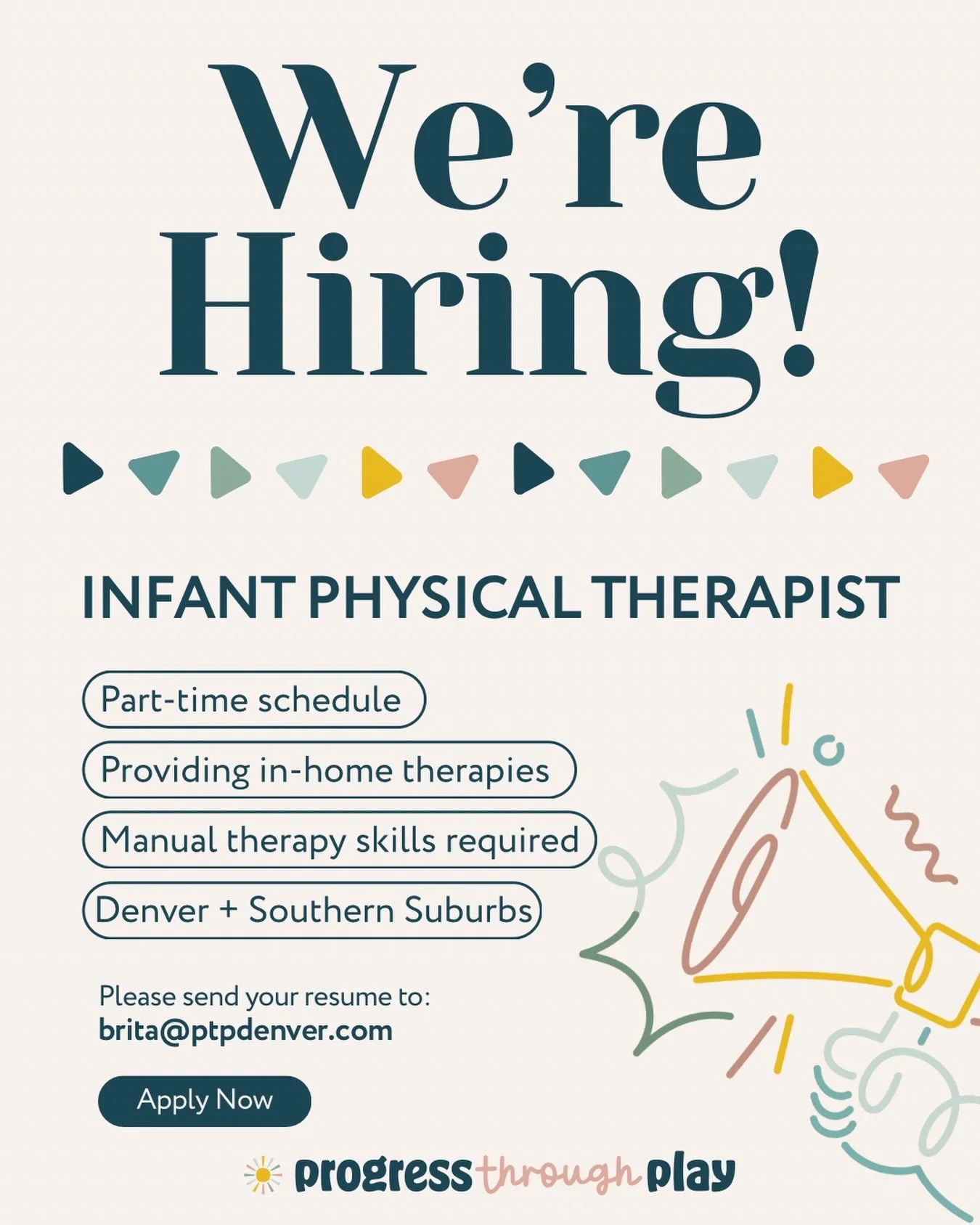 Exciting news! @progressthroughplay is growing (again)! We&rsquo;re looking for the next 🦄 pediatric PT to add to our awesome team. Please send resumes to brita@ptpdenver.com