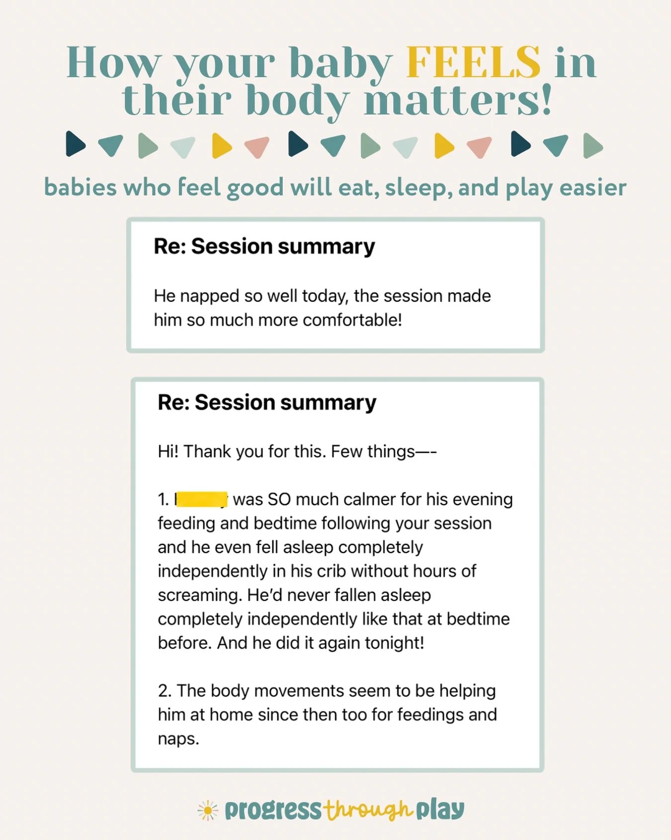 At @progressthroughplay we specialize in helping babies feel good in their bodies so they can eat, sleep, digest and play with ease! I happened to get these two parent emails in the same day in response to how our special blend of bodywork and functi