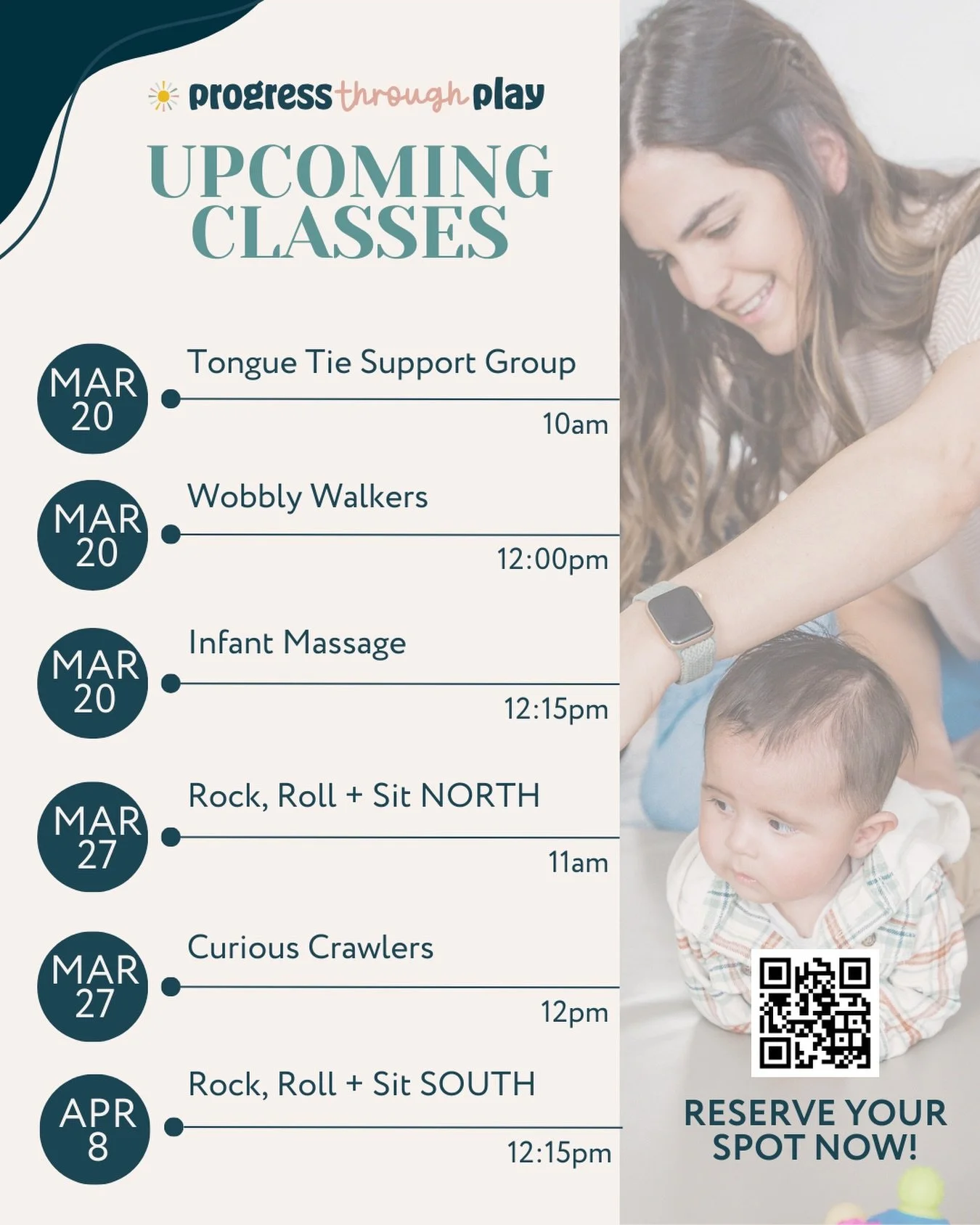 Denver families! Which class will you be joining us for? Let us know if you need the registration link for any of these! 
Infant massage | tummy time | rolling | crawling | walking | tongue tie