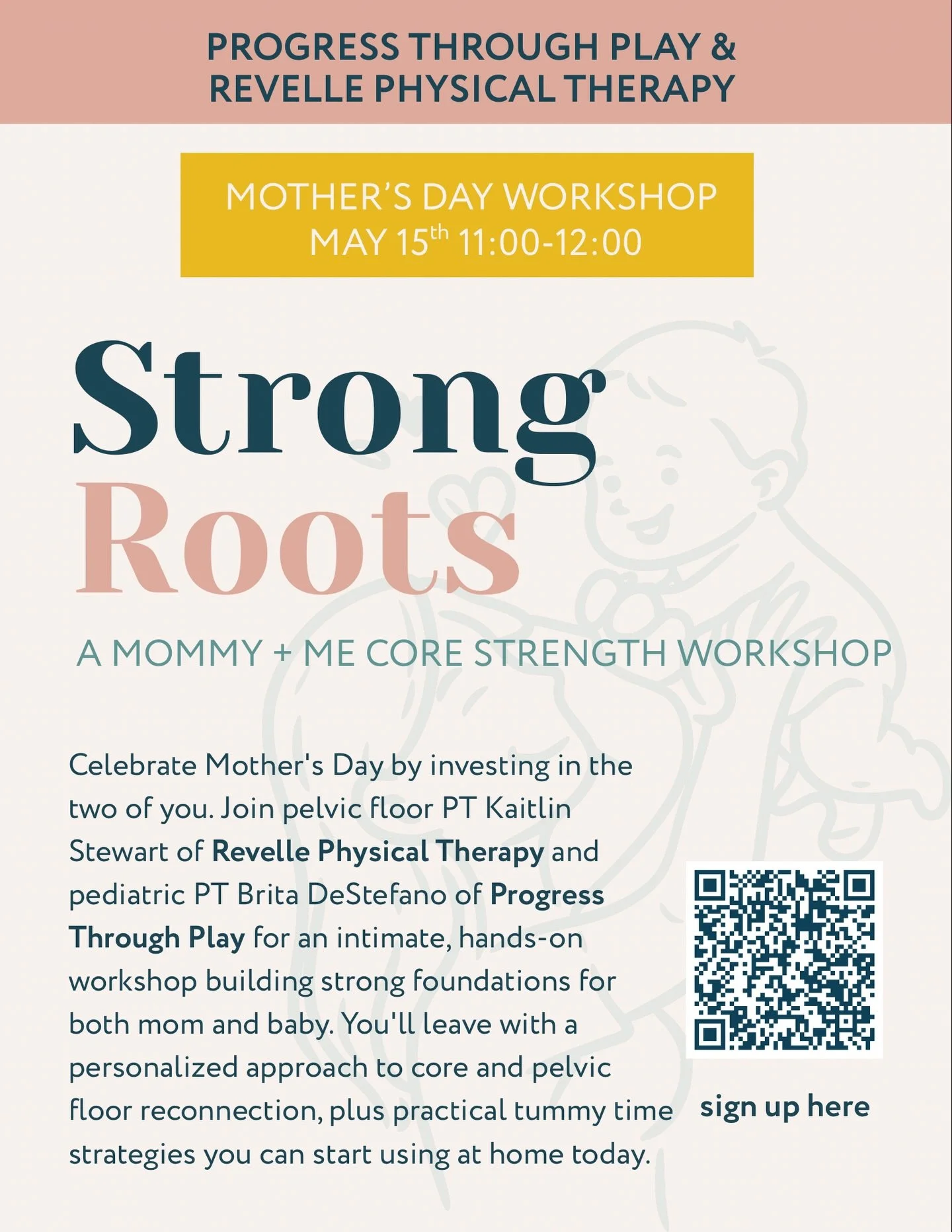 Comment below for the sign up link! Celebrate Mother&rsquo;s Day by investing in the two of you. Join pelvic floor PT Kaitlin Stewart of @the.revelle and pediatric PT @ptp_dr_brita of Progress Through Play for an intimate, hands-on workshop building 