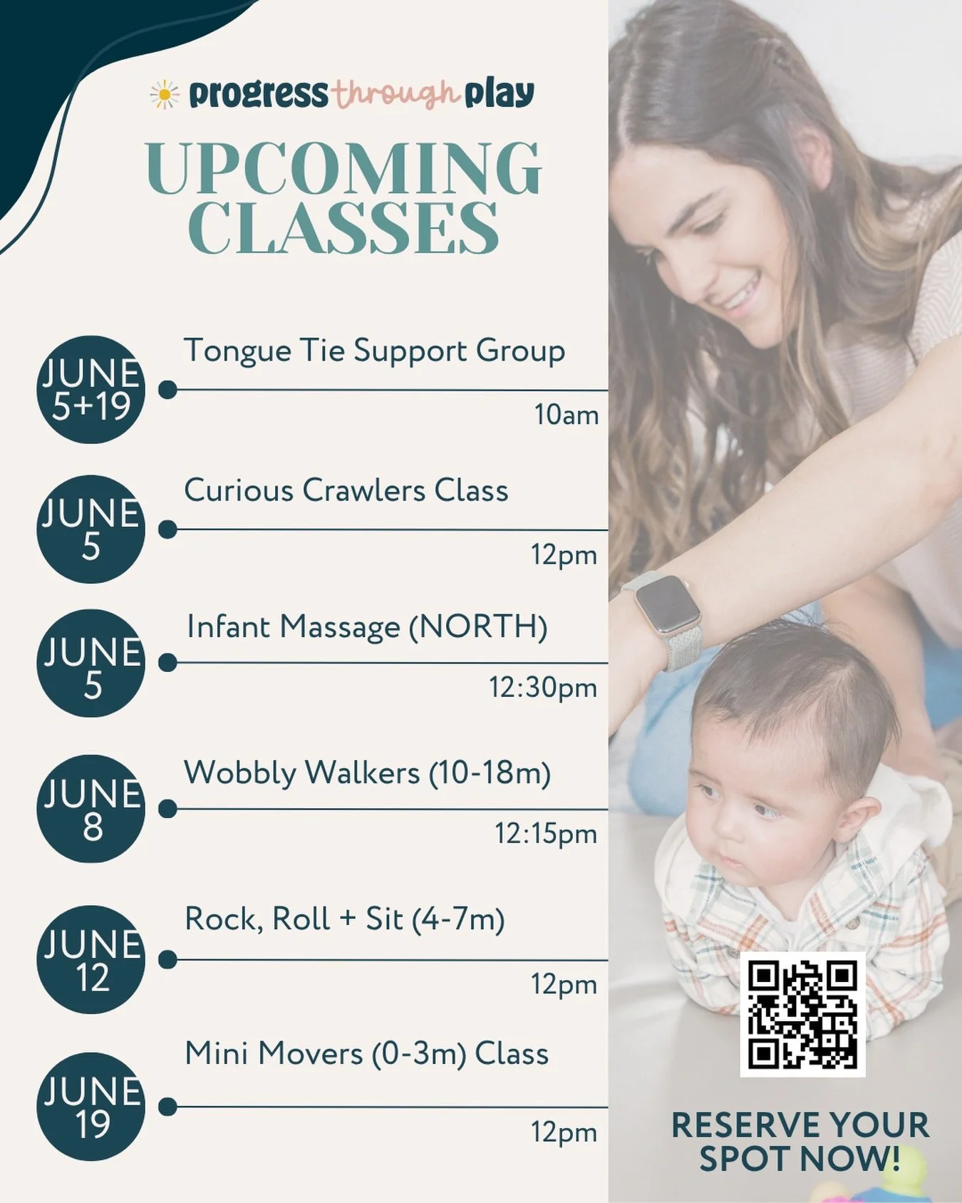 June classes are filling up! Comment below if you&rsquo;d like the sign up link for any of them &mdash;> crawling, walking, rolling + sitting, newborn (mini movers), infant massage or tongue tie support group!
