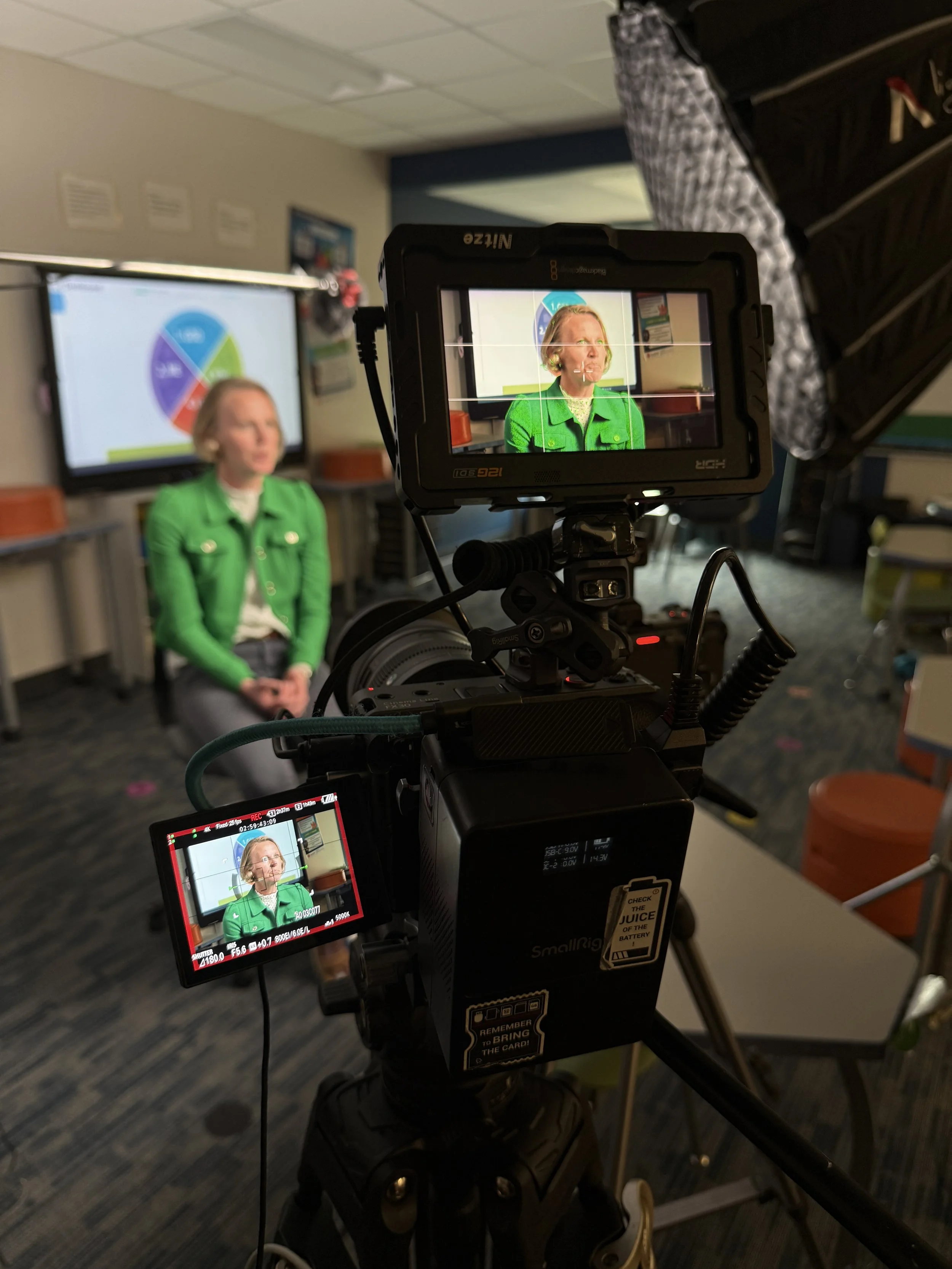 Camera on a tripod capturing a woman in a green jacket during a video recording, with a background including a TV screen displaying a pie chart and a room with chairs and a box.