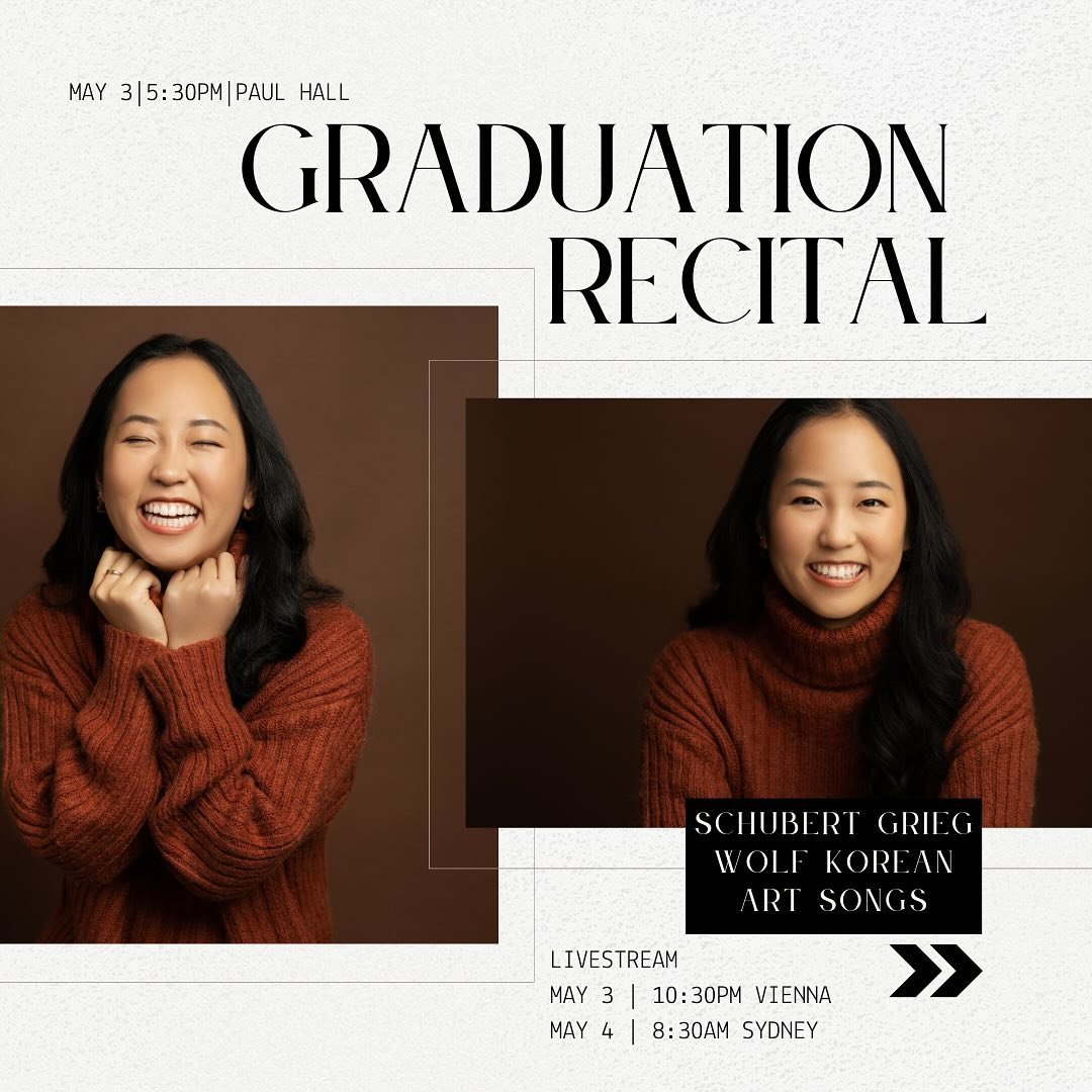 save the date!!

on may 3, 5:30pm ET at paul hall, i&rsquo;ll be holding my graduation recital!! excited to be making music with @umigarrett @michelewongpiano and @inkyohong ❤️

the recital will also be livestreamed