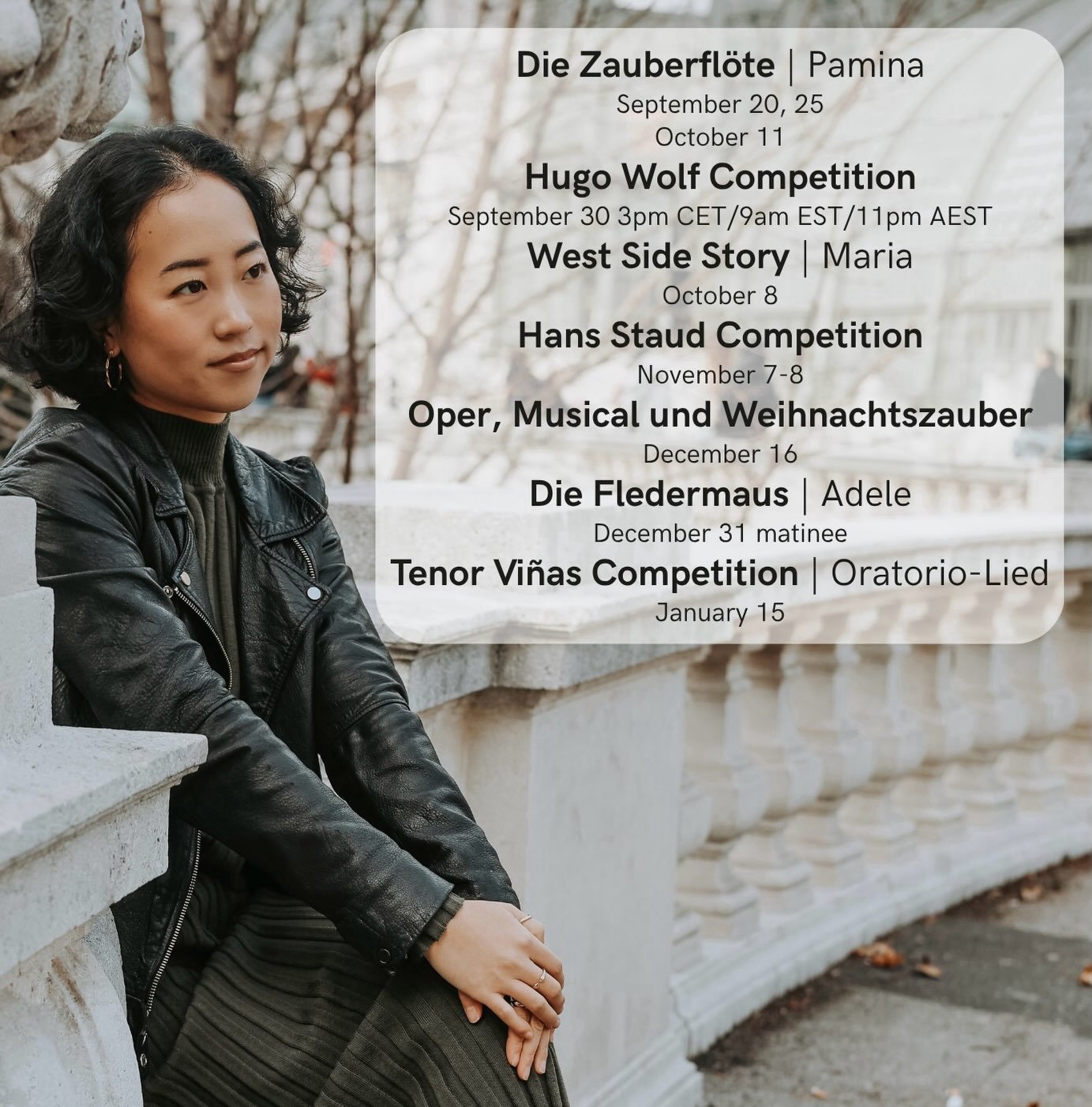 UPDATE!!! unfortunately, due to scheduling conflicts, i will no longer be playing in chicago at volksoper. but!!! there is still much to look forward to: competitions, shows at volksoper as maria, pamina, and adele, and finally sharing the stage with