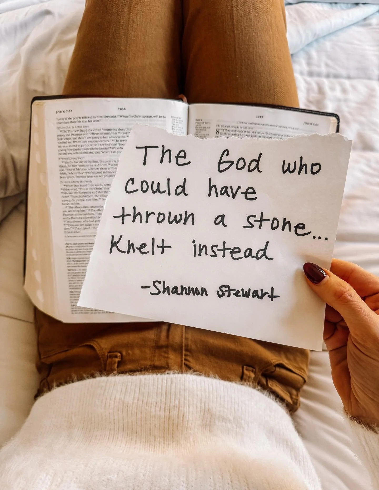 When others stood to condemn, Jesus stooped down to restore.

John 8 wrecks me every time.
A guilty woman stood surrounded by accusers &mdash; ready to stone her, ready to define her by her worst moment.
But the only sinless One in the crowd didn&rsq