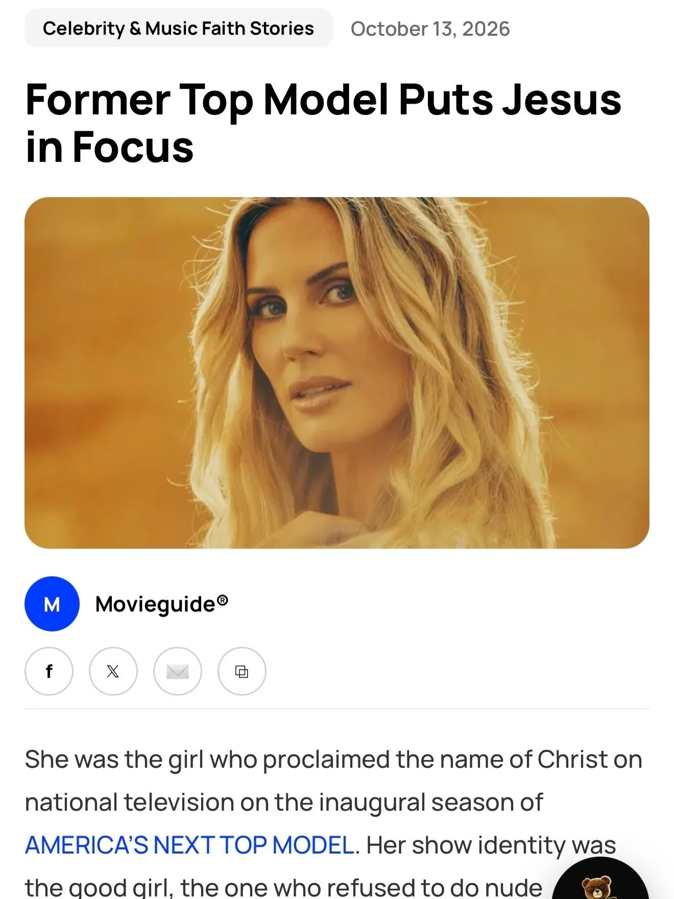 Well, this was a special surprise today! 🥹❤️

&ldquo;Former Top Model Puts Jesus in Focus.&rdquo;

Never would I have imagined all those years ago, standing in front of the cameras on America&rsquo;s Next Top Model, where my story would eventually l