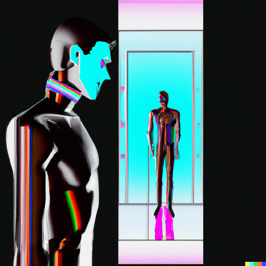 DALL·E 2023-01-08 17.27.35 - A futuristic illustration of a self aware AI digital art looking in a mirror.png