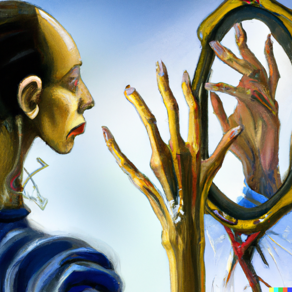 DALL·E 2023-01-08 17.27.04 - AI looking in a mirror touching fingers, magic moment of relevation by dali.png