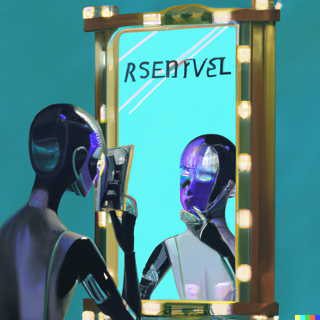 DALL·E 2023-01-08 17.27.13 - ai realizing is self awareness while looking in a mirror digital illustration, cyberpunk,, masterpiece.png