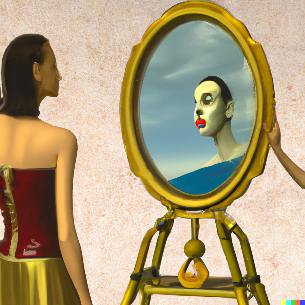 DALL·E 2023-01-08 17.26.55 - AI looking in a mirror, magic moment of relevation by dali.png