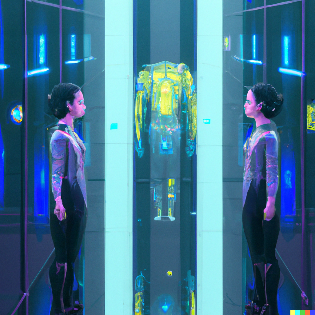 DALL·E 2023-01-08 16.12.47 - ai realizing is self awareness while looking in a mirror digital art, cyberpunk,, masterpiece.png