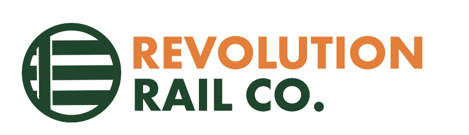 Logo of Revolution Rail Co. with stylized circular emblem and text in green and orange.