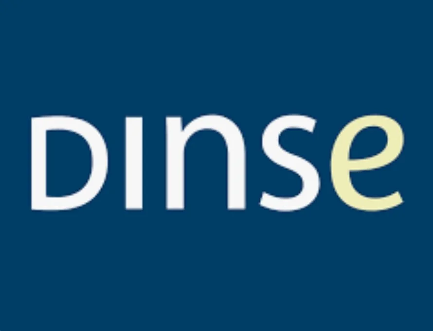 "dinse" in white text on blue background with highlighted letter 'e'