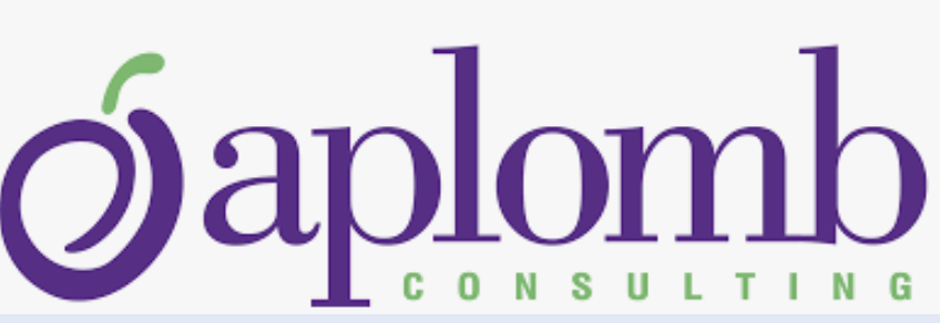 Logo of Aplomb Consulting with green and purple text and a stylized fruit icon.