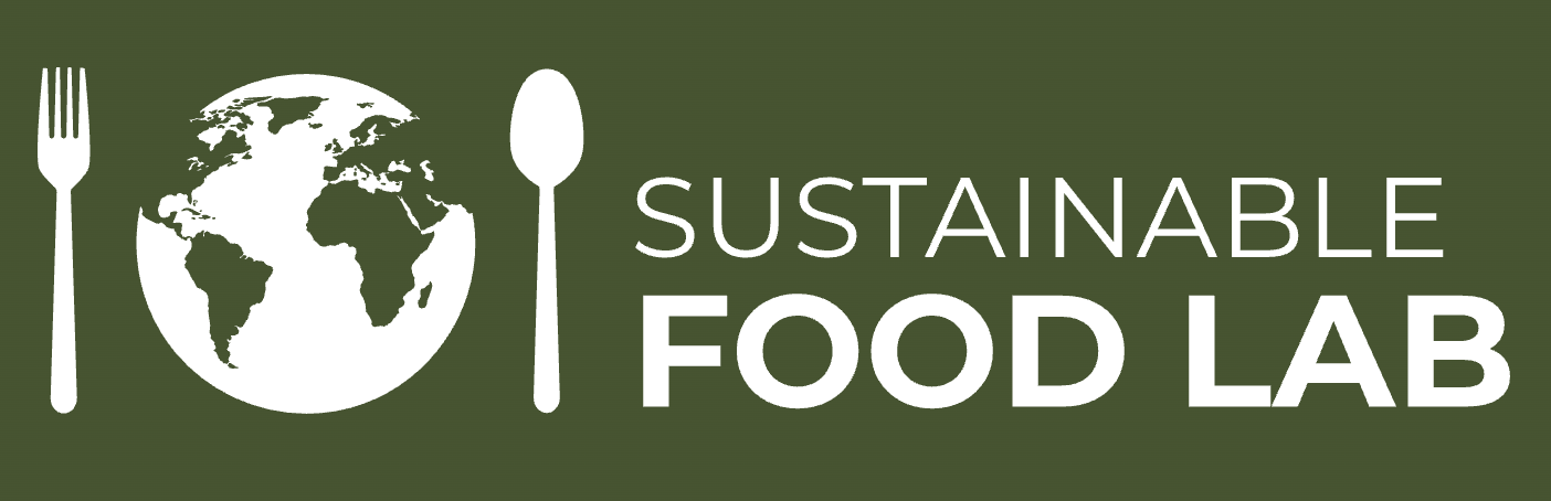Logo with a fork, globe, and spoon, next to the text "Sustainable Food Lab."