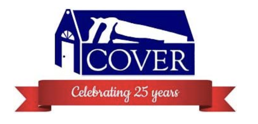 Logo of COVER Home Repair with a house graphic and red banner saying "Celebrating 25 years."