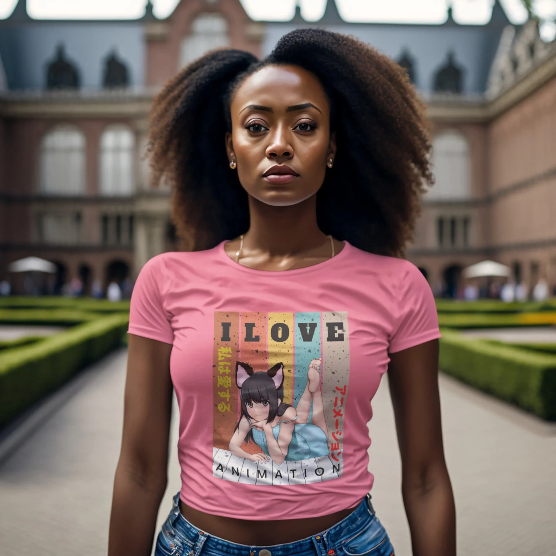 I love animation, Charity pink, round-neck t-shirt mockup of an dark sink woman posing by a building in Amsterdam at jellybzz.com
